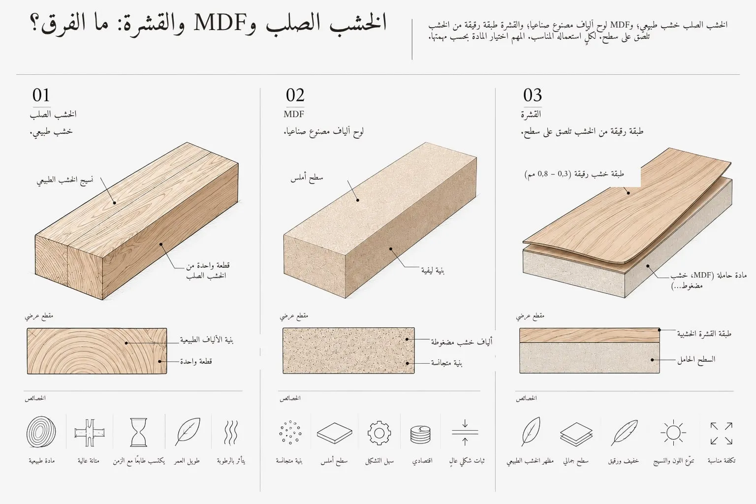 الخشب الصلب وMDF والقشرة.