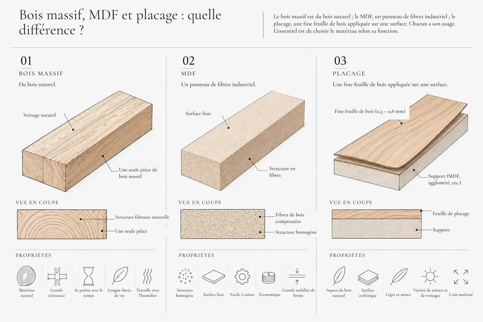 Bois massif, MDF et placage.