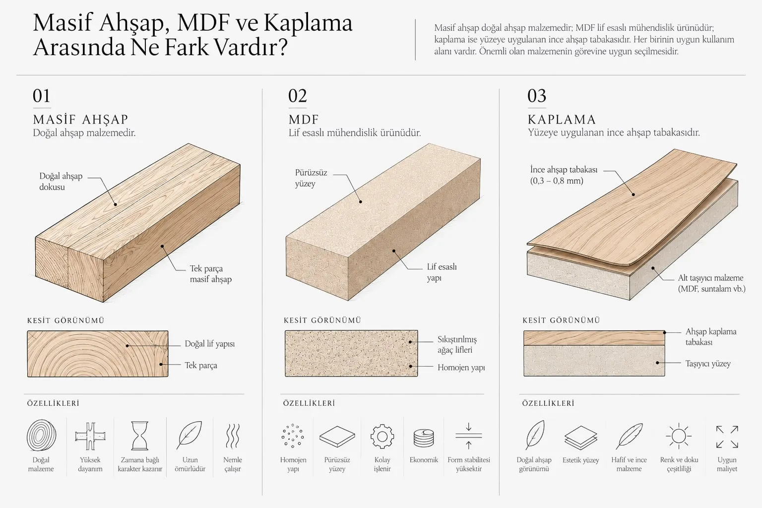 Masif ahşap, MDF ve kaplama.